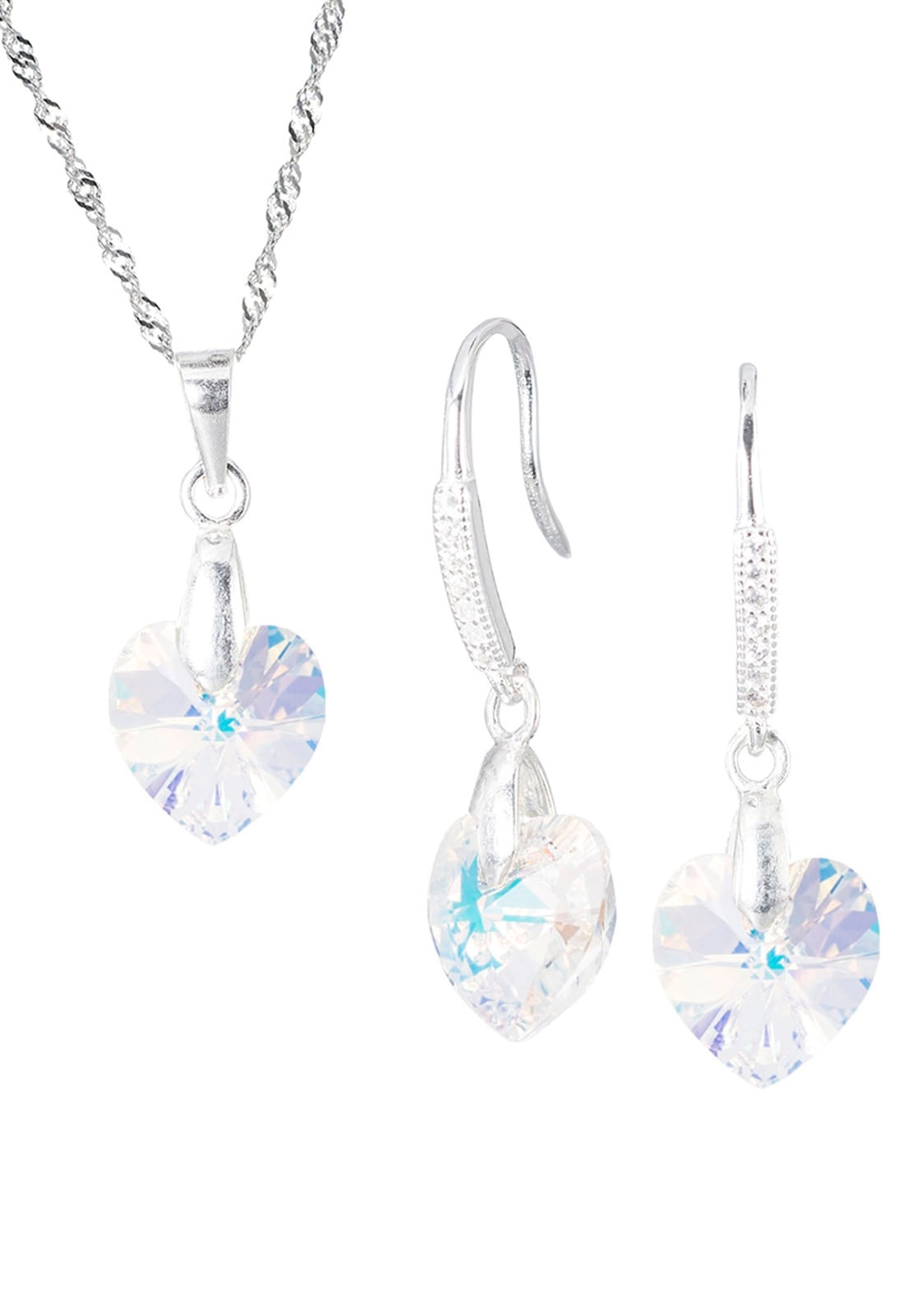 CONJUNTO JOYAS MONTERO PLATA ITALIANA 925 AROS + COLLAR ROMANCE Y CRISTALES GENUINOS AURORA BOREAL