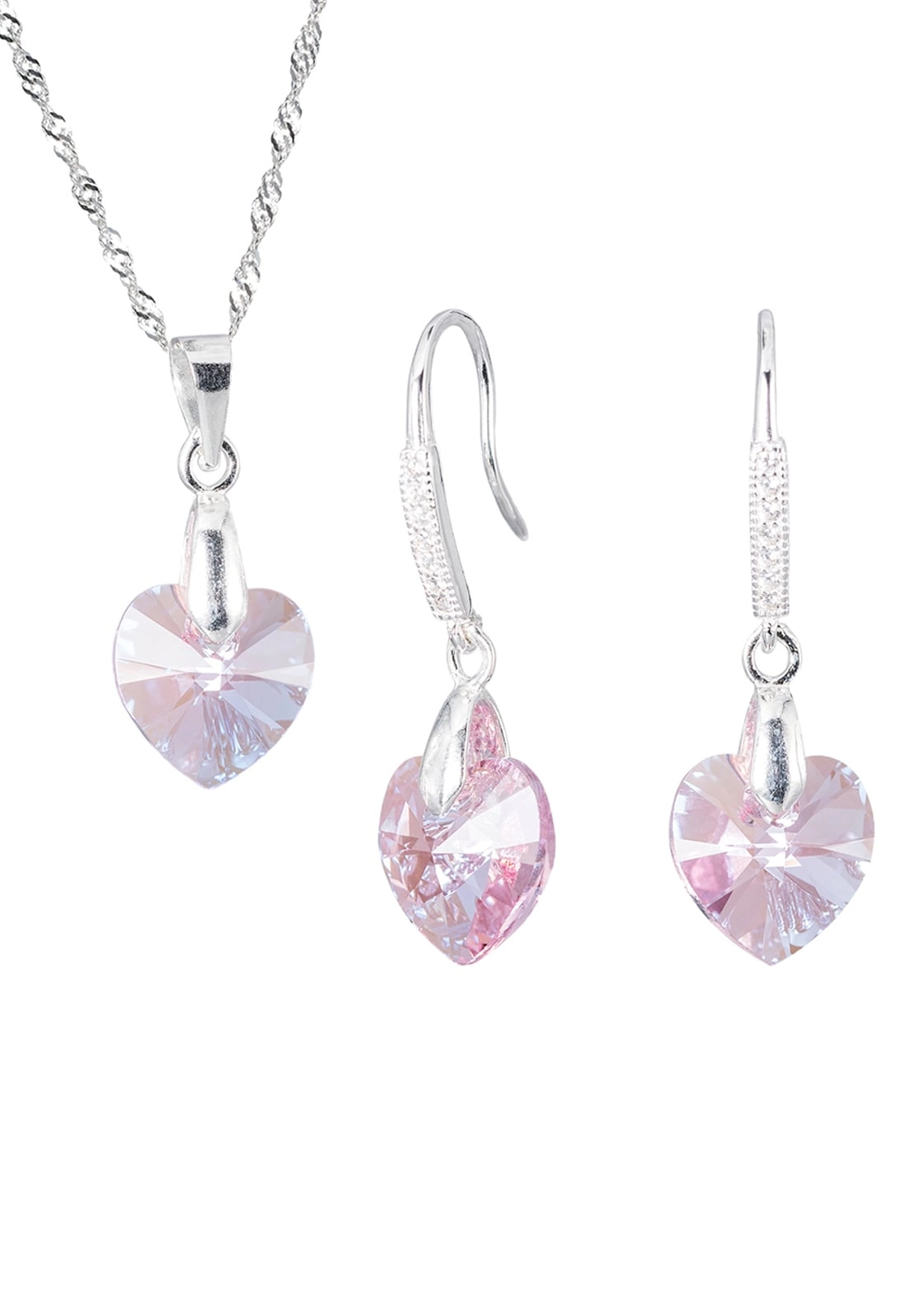 CONJUNTO JOYAS MONTERO PLATA ITALIANA 925 AROS + COLLAR ROMANCE Y CRISTALES GENUINOS LIGHT ROSE