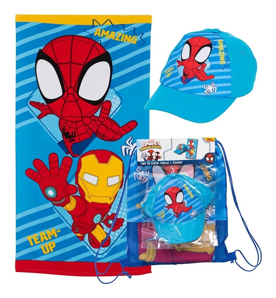 TOALLA DE PLAYA INFANTIL CON BOLSO 70X140 + JOCKEY MASHINI SPIDERMAN POD